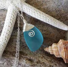 Handmade in Hawaii, Wire wrapped swirl blue sea glass necklace, gift box,