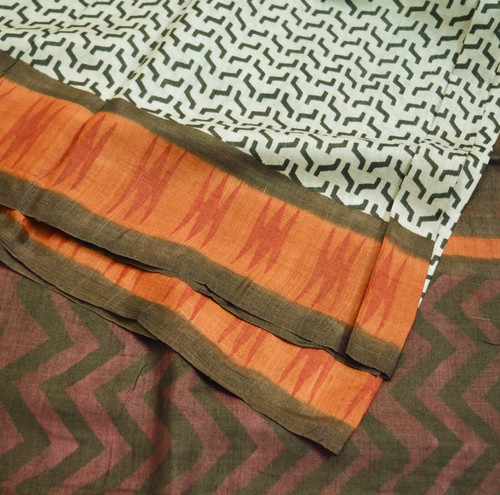 Indian Vintage Sari Brown & Cream Pure Khadi Silk Handloom Printed Sarees Fabric - Picture 10 of 12