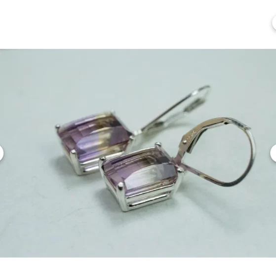 Natural  Ametrine Emerald Cut  Drop Dangle Earrings 14K White Gold Plated - Image 3 of 3