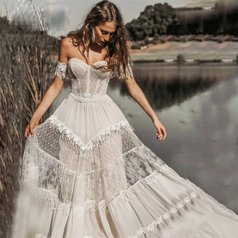 white boho homecoming dress Wedding Gown Style Dresses Bridal Wedding Dresses A-line Cold Shoulder Boat Neck Bohemian boho hippie prom dress