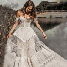 Bridal Wedding Dresses A-line Cold Shoulder Boat Neck Bohemian Style Beach Dress