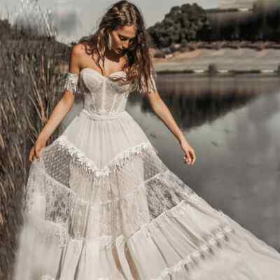 Bridal Wedding Dresses A-line Cold Shoulder Boat Neck Bohemian Style Beach Dress