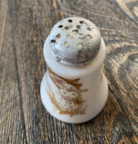 Vtg New Martinsville Milk Glass Salt Shaker Palmette Hand Painted Brown Owl Tree - Picture 9 of 10