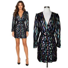 RIXO | Metallic Abstract Polkadot Print Black Silk Cocktail Mini Dress XL 12