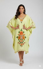 Boho Lemon Yellow Short Kaftan For Women's Cotton Blend Embroidered Caftan L-39"
