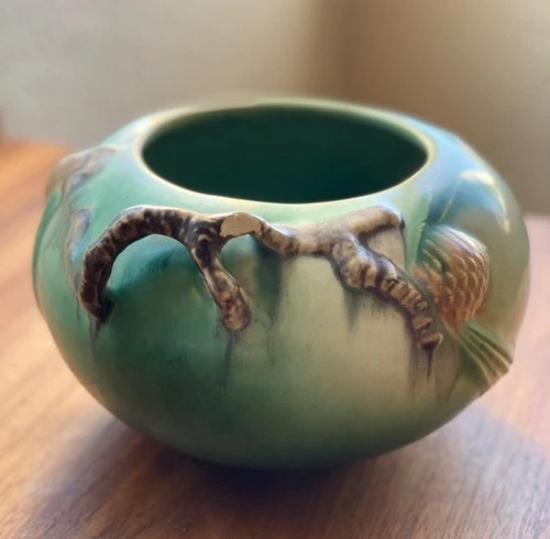 Roseville Pottery Pinecone Pattern Rose Bowl Vase Twig Handle 278 4 Jardiniere