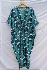Indian Blue Long Leaf Print Cotton Hippie Maxi Boho Women Nightwear Caftan Dress