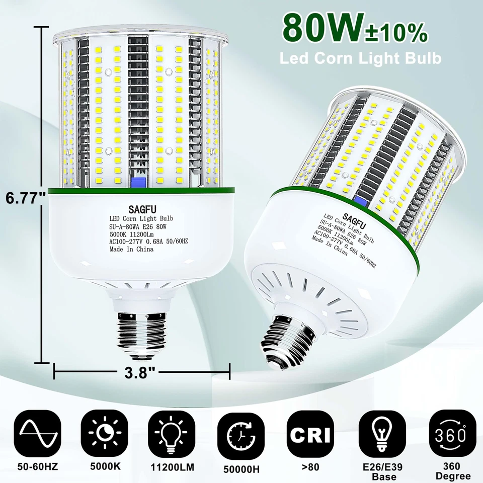80W LED Corn Light Bulb,5000K Daylight White Corn cob led Light Bulb,2-Pack,8... - Image 3 of 4