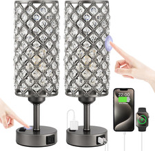 Gray Crystal Lamp Touch Control Set of 2, Crystal Table Lamps with USB C A Ports