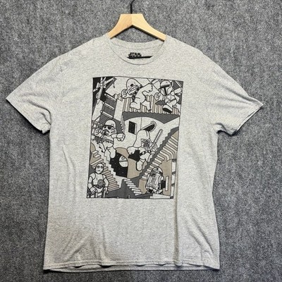 Star Wars Escher Stairs T-Shirt Vader Stormtrooper R2-D2 Grey Graphic Tee Shirt