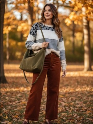 Boutique Colorblock Leopard Print Knit Crewneck Sweater Multi Stripe