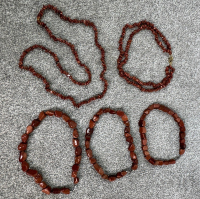 Vtg Chunky Goldstone Chip Beaded Necklaces Single 35'' Double Strand 18'' 3 At 17''
