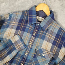 Vintage 70s Sears The Mens Store Plaid Flannel Shirt Blue Tan Acrylic Large Tall