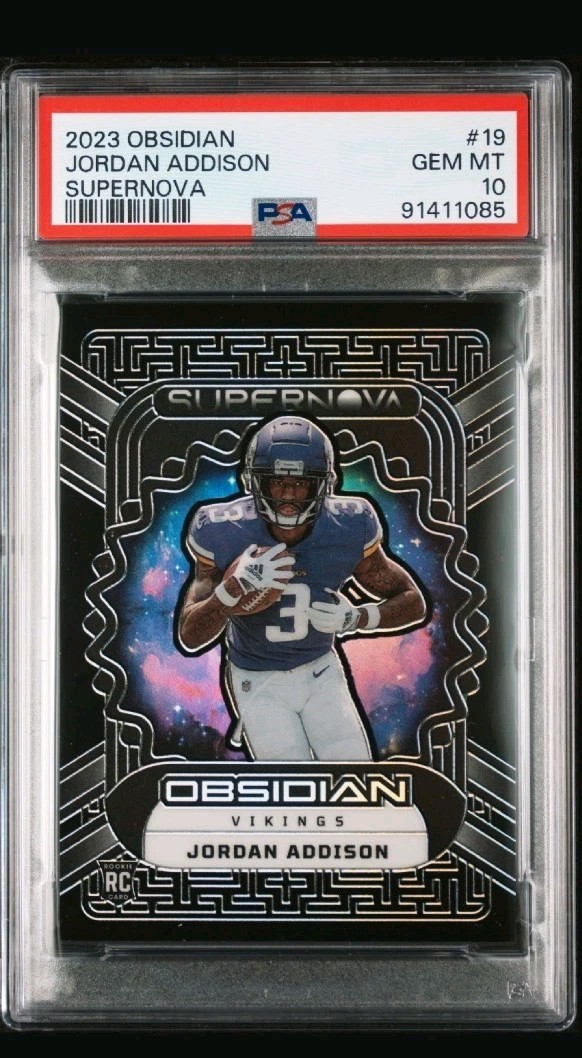 JORDAN ADDISON 2023 OBSIDIAN SUPERNOVA ROOKIE PURPLE ETCH RC /75 PSA 10 4A