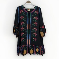 Farm Rio Black Jimena Cross Stitch Embroidered Mini Dress sz L Large Linen Blend