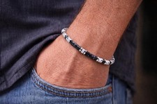 Black and Gray Obsidian White Buffalo Bracelet 4mm | Heavy Sterling Silver
