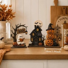 3pc Halloween Decor Set Haunted House Ghost Pumpkin Tabletop Statue Centerpiece