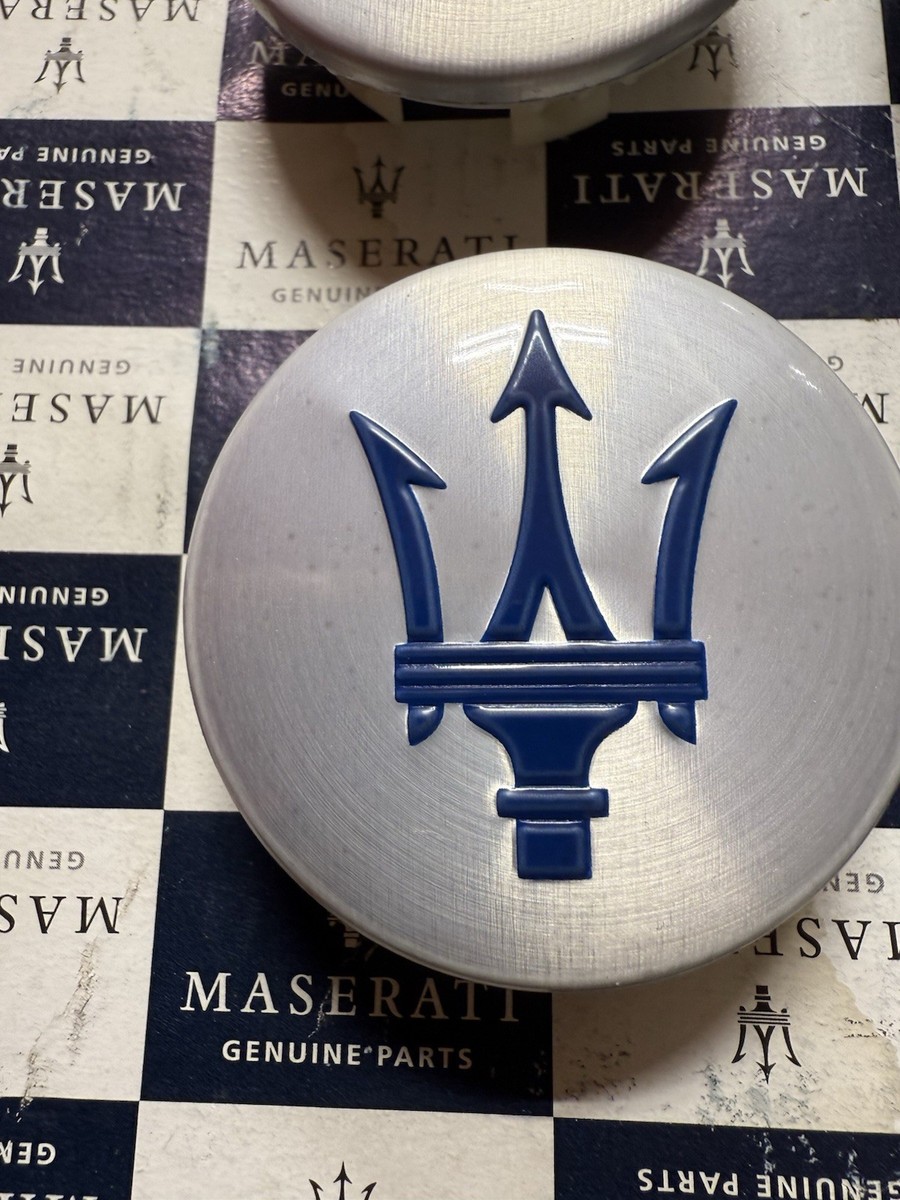 2002-26 MASERATI WHEEL CENTER CAPS SILVER WITH BLUE TRIDENT SET OF