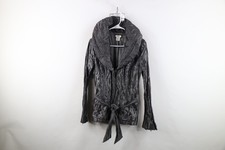 Vintage 90s Y2K Cache Womens Medium Belted Metallic Babydoll Shawl Jacket Silver