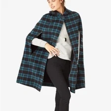 Kate Spade Saturday Women's Size XS/S Teal Black Plaid Wool Cape