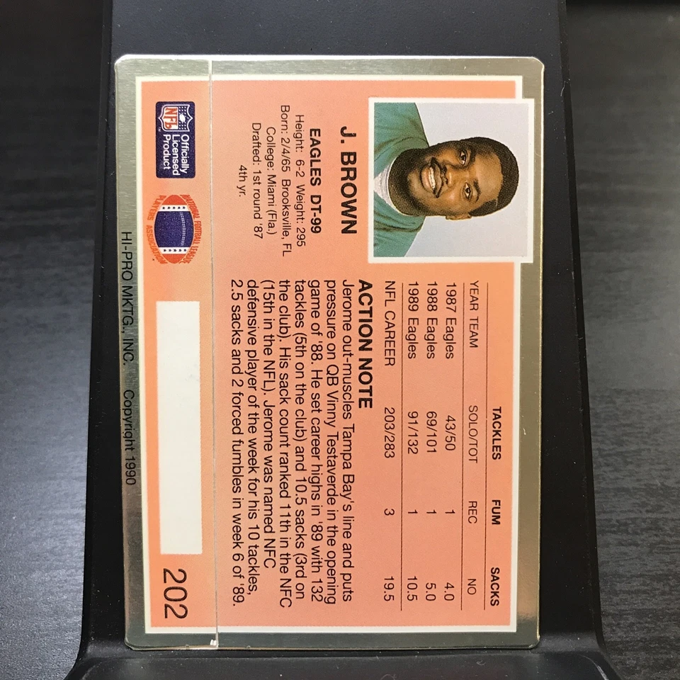 1990 ACTION PACKED FOOTBALL CARD PHILADELPHIA EAGLES #202 JEROME BROWN - Image 2 of 2