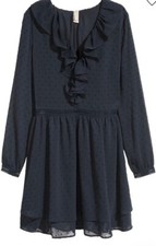 H&M Babydoll Swiss Dots Mini Dress SZ 2 Blue Lace Cuffs Side Zip Ruffled Flare