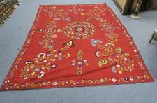 VINTAGE ANTIQUE UZBEK HANDMADE EMBROIDERY SUZANI 61" X 82" TABLECLOTH  HANGING