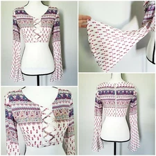Cropped Top Blouse Trendy Festival Hippie Flare Sleeve Lined - XS NWT $124