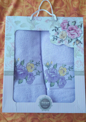 Swan Home Collection 2tlg. Handtuch, Duschtuch im Box 50/90, 70/140 cm lila, NEU