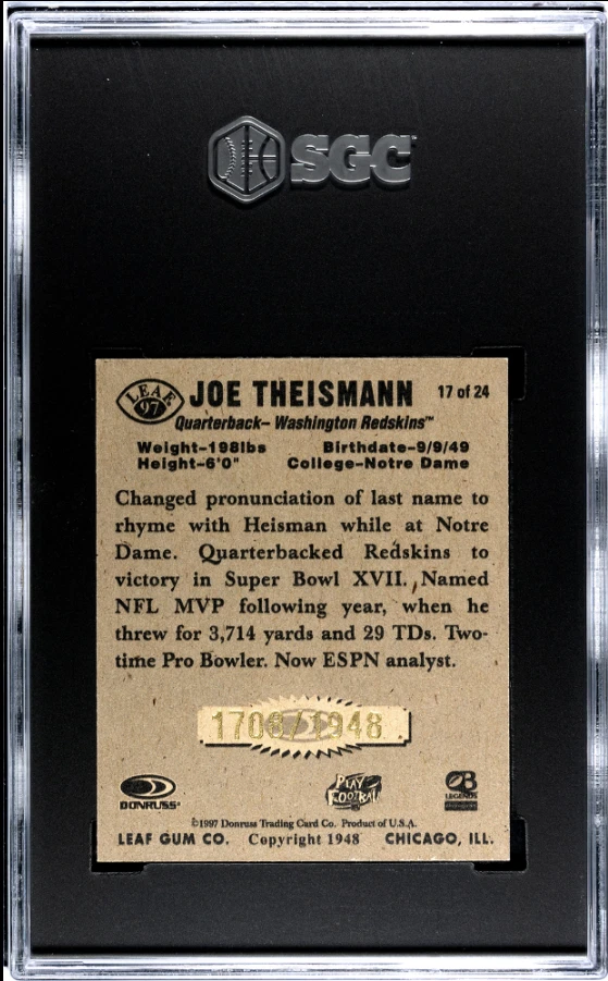 1997 Leaf Reproduction #17 Joe Theismann SGC 9 MINT Auto 10, Redskins Legend TBC - Image 3 of 3