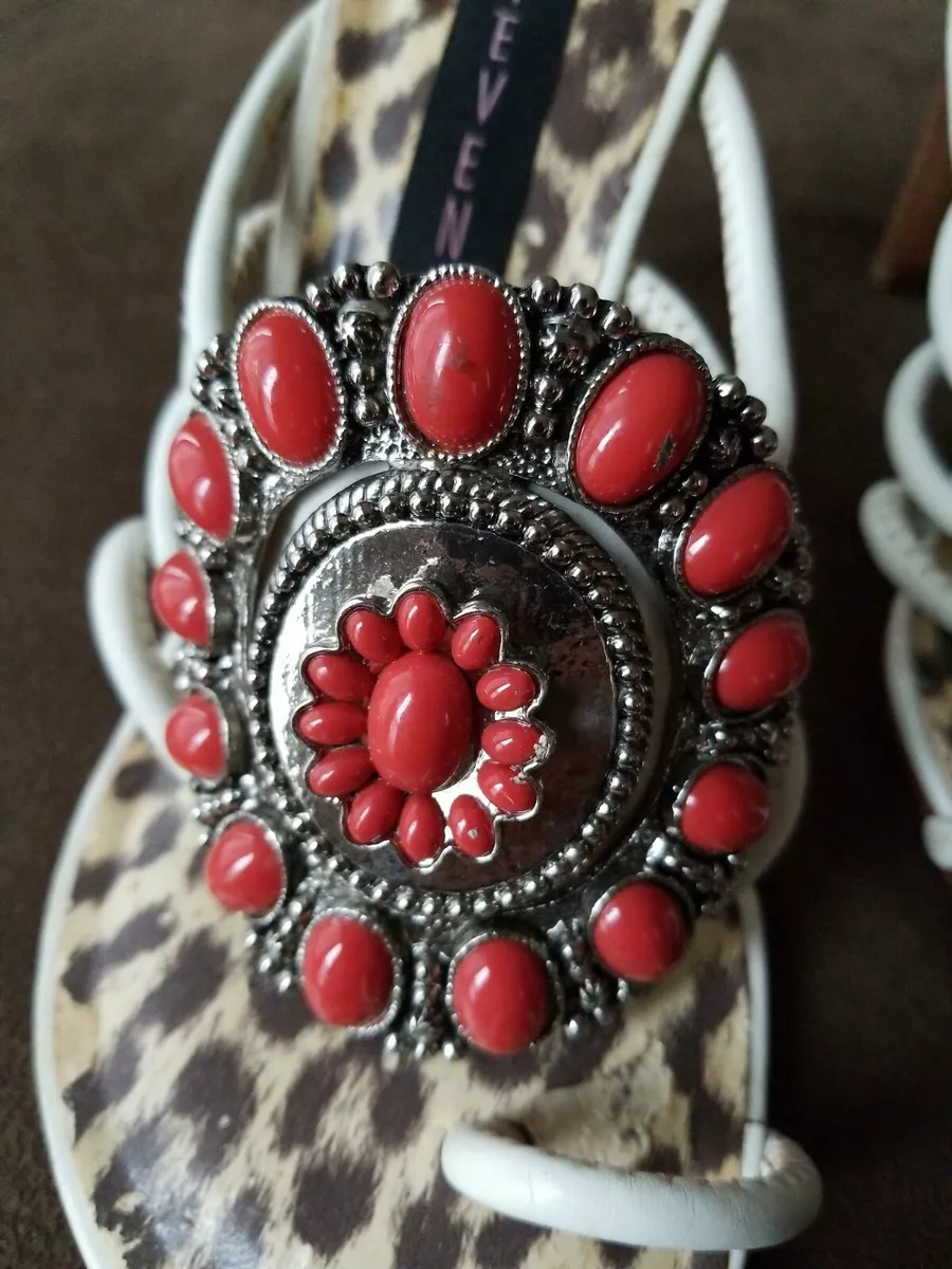 STEVE MADDEN Cheetah Stone Western Silver Brooch Strappy Thong