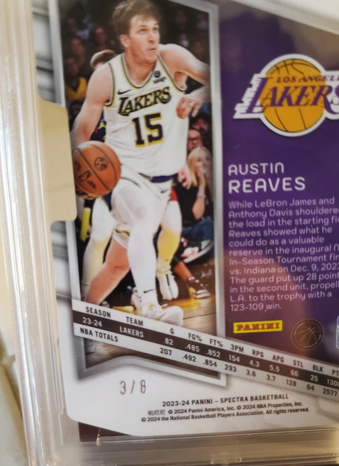 AUSTIN REAVES 2023 Spectra Universal Die Cut Prizm LAKERS Card PSA 9 #/8 POP 1 - Image 3 of 3