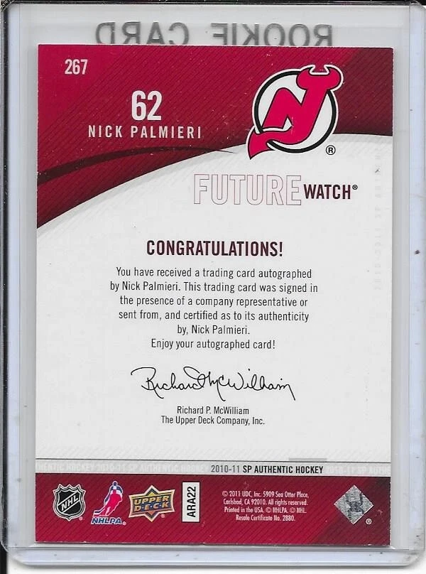 2010-11 SP Authentic Nick Palmieri Future Watch Rookie Auto # 267 #d/999 - Image 2 of 2