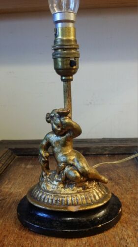 ANTIQUE WOOD BRASS AND GESSO ELECTRIC LAMP WITH CHERUB CUPID PUTTI STATUETTE - Picture 1 of 11