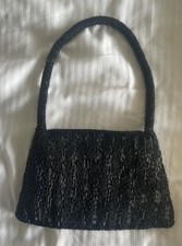Vintage Black Bead Satin Strap Purse Evening