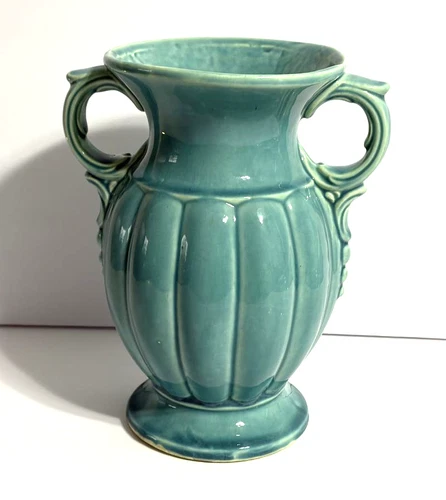 Vintage McCoy Pottery Turquoise Double Handle Urn Shape 9 1/4" Vase