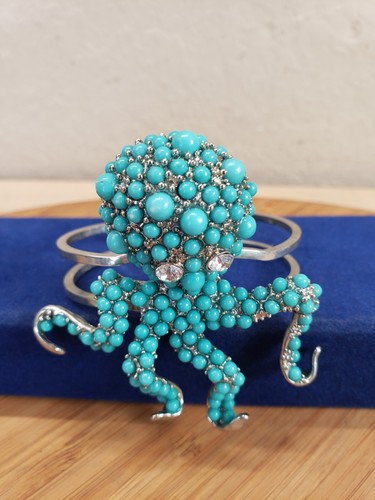 Vintage Faux Turquoise Octopus Clamper Bracelet with Crystal Eyes - Picture 8 of 8