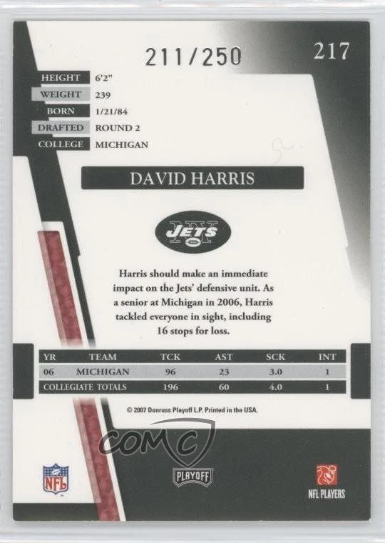 2007 Playoff Absolute Memorabilia Spectrum Blue /250 David Harris #217 Rookie RC - Image 2 of 2