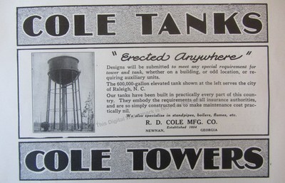 1928 Ad * R.D. Cole Mfg Co Georgia * Cole Elevated Water Tanks Raleigh NC Tank 