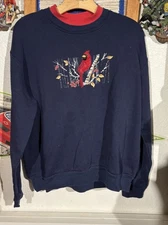 Vintage 90s Winter Red Cardinal Double Neck Navy Country Store Crewneck Size XL