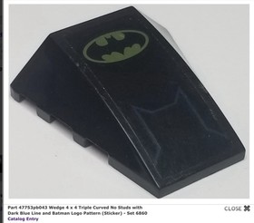 LEGO Part 47753pb043 Wedge 4x4 Triple Curved Black Batman Logo Set Batcave 6860