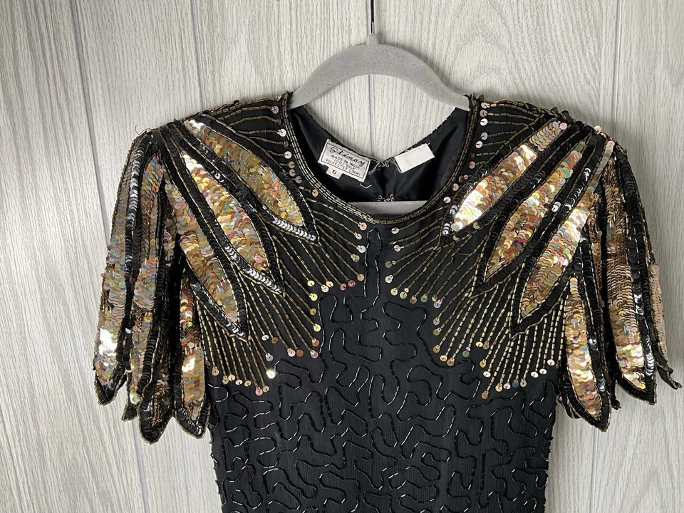 Vestido Gatsby Vintage Años 80 Stenay Lentejuelas Cuentas Glamour Aleta Negro Dorado Talla 6 Foto 2 de 4