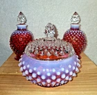 VTG. FENTON CRANBERRY OPALESCENT HOBNAIL 3 PC. VANITY SET  (SLIGHT DAMAGE)
