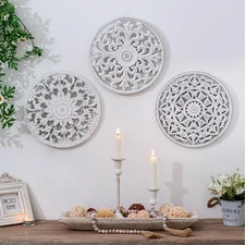 White Wall Decor Carved Medallion - Rustic Wood Wall Art Decorative Distresse...