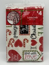 Christmas/Holiday Flannel Back Tablecloth 52"x70" Red With Candy Canes  Hearts.