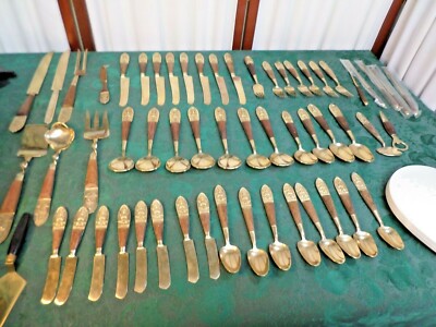 57pc Vintage Siam Thailand Bronzeware Flatware Set w/Wooden