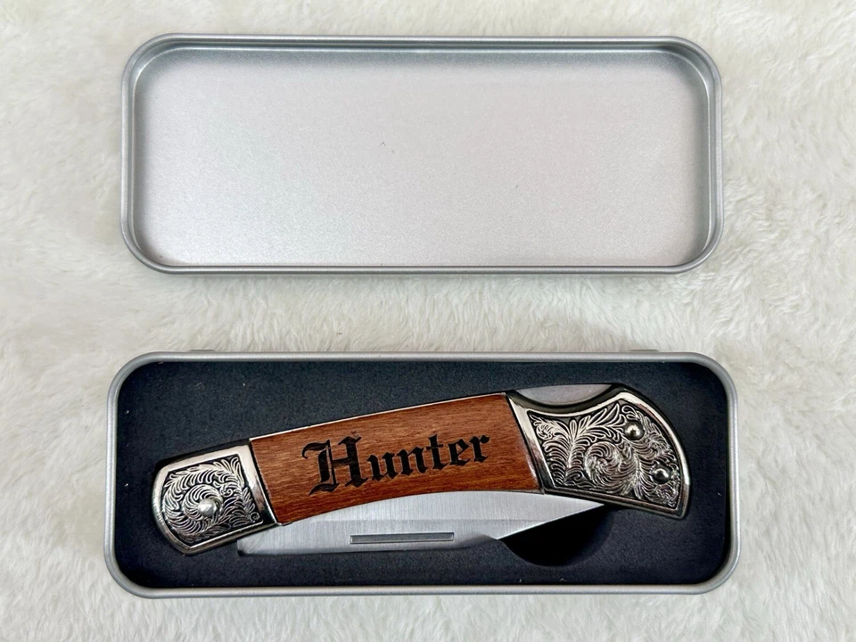 Legacy “HUNTER” Knife Engraved Stainless Steel Blade Real Wood Metal Gift Box - Image 3 of 4