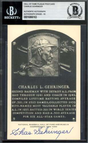 Charlie Gehringer Gem Mint 10 Beckett BAS Signed Black White Hall of Fame Plaque