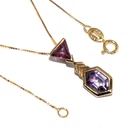 Ladies 9ct yellow gold drop pendant set with amethysts hung on a box link chain