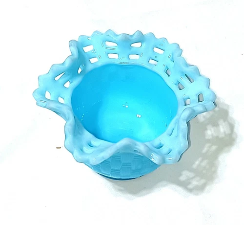 Fenton Milk Blue Art Satin Glass Candy Bowl Dish Basket Weave Turquoise Aqua